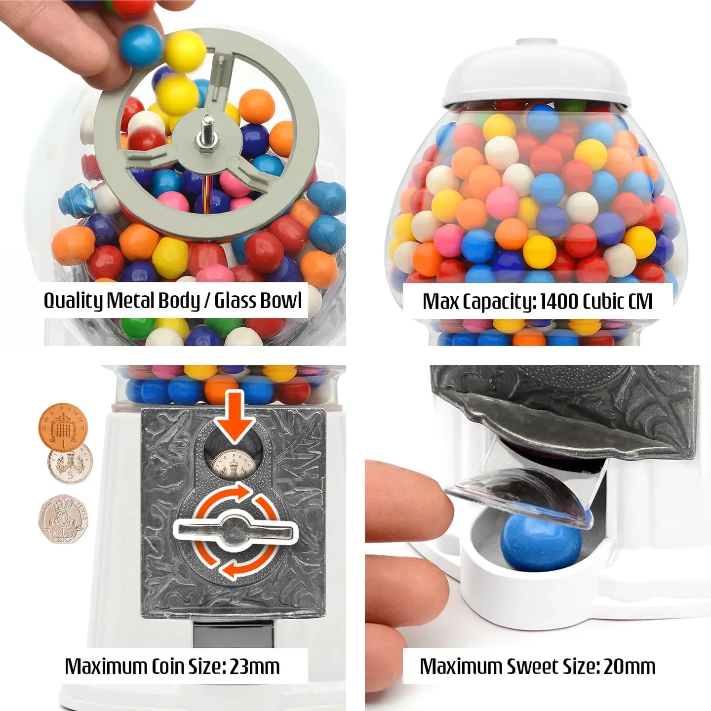 Large Retro Coin Operated Gumball Machine Sweet Dispenser (28cm) - Image 5