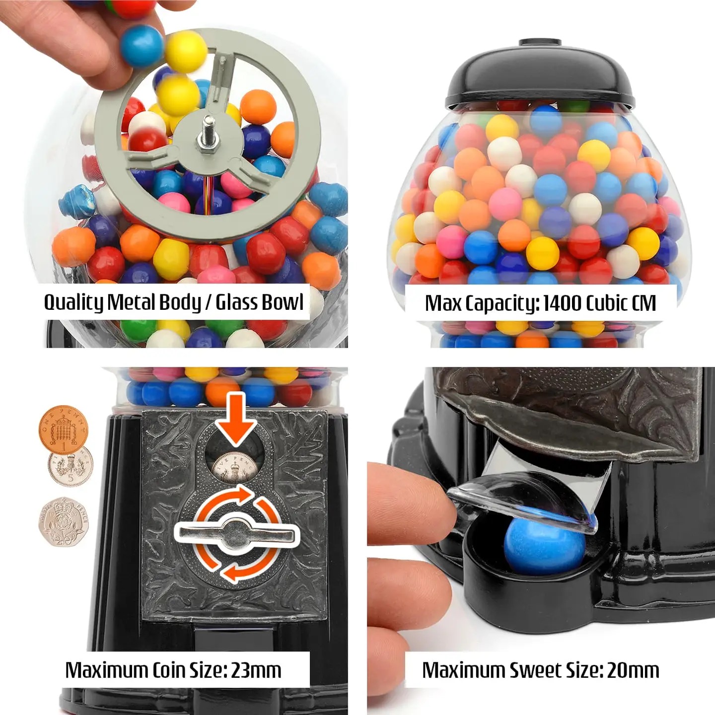 Large Retro Coin Operated Gumball Machine Sweet Dispenser (28cm) - Image 11