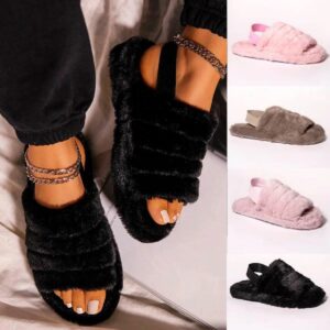 Ladies Faux Fur Slippers Slingback Open Toe Slip On Slider Slippers 3-8 £3.99